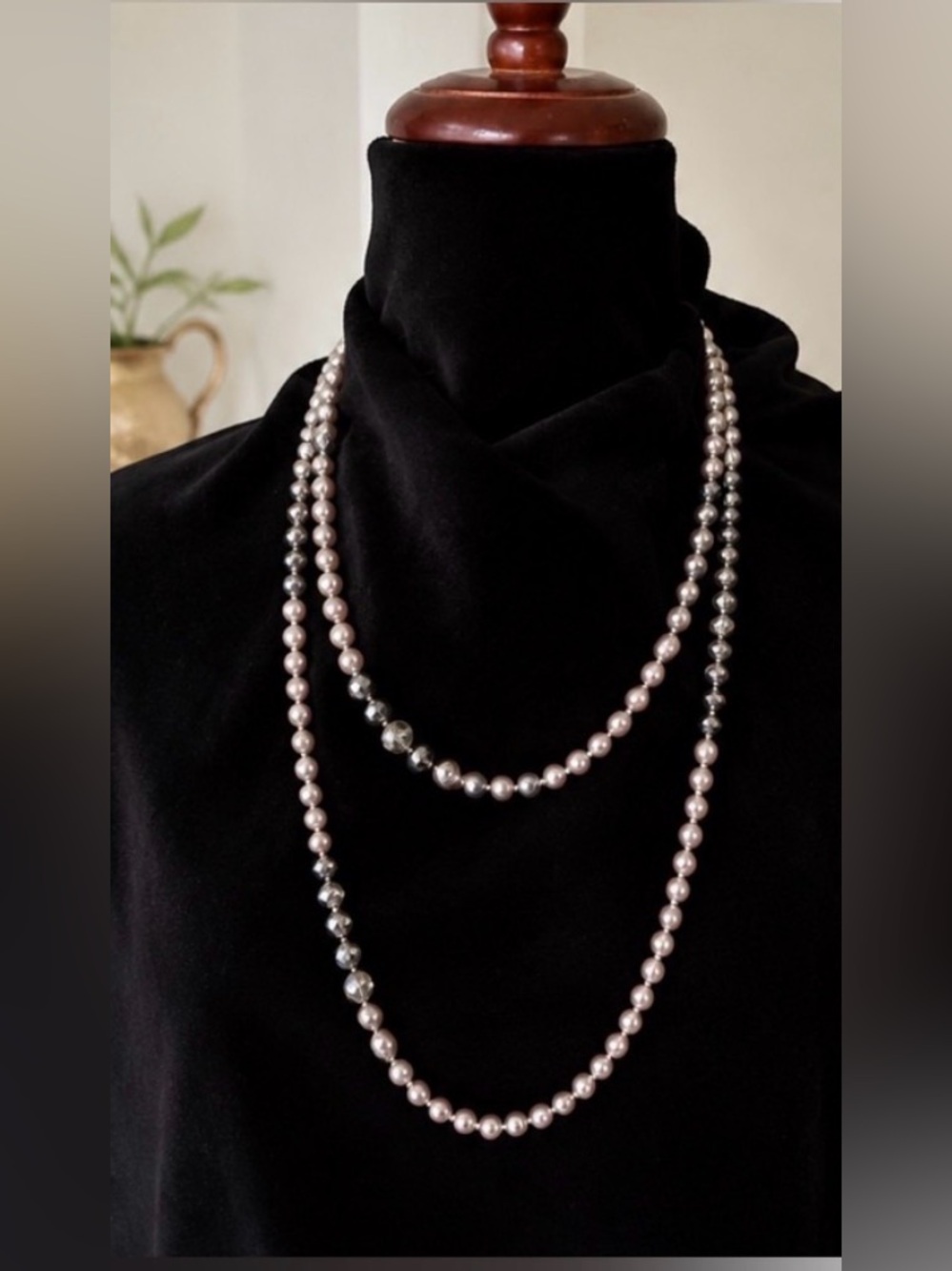 60-inch beaded necklace mix of soft gray faux pearls & faceted crystal beads